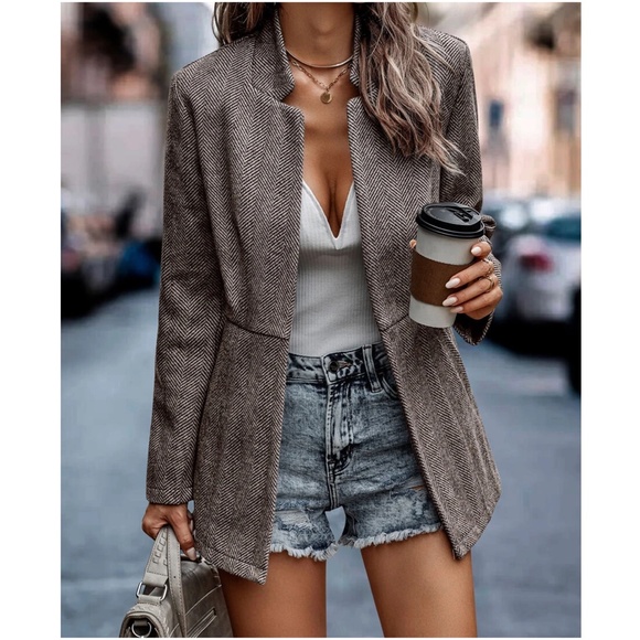 Classic Khaki Herringbone Blazer Jacket Coat - Picture 9 of 9